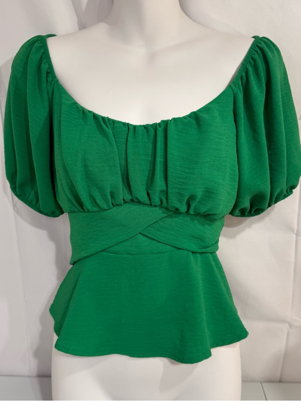Altar'd State Green Puff‎ Sleeve Peplum Top Tie Back Small Cottagecore